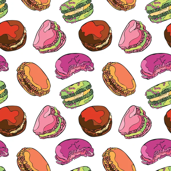 Makronen. Dessert - Süßigkeiten. Vektor nahtlose Muster (Hintergrund). helle farbige Zeichnung. — Stockvektor