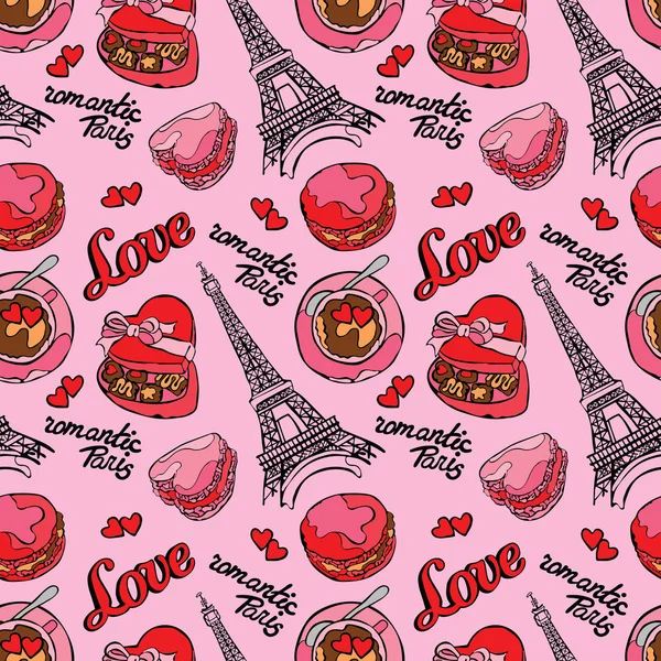 París romántico. Amor. Torre Eiffel, macarrón, taza de café con leche, Box Candy y corazón. Patrón sin costura vectorial (fondo). Dibujo en color . — Vector de stock