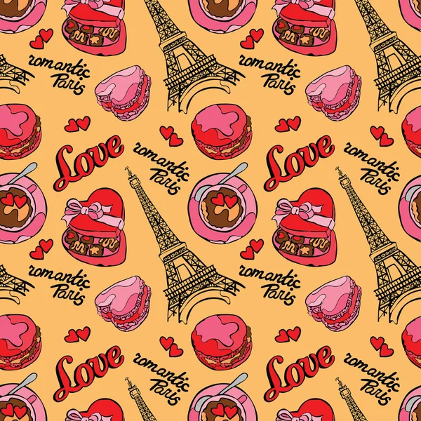 浪漫巴黎爱。埃菲尔铁塔，马卡龙，咖啡杯 - 拿铁，盒糖果和心脏。矢量无缝模式（背景）。彩色绘图. — 图库矢量图片