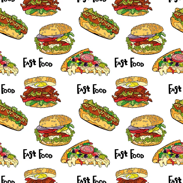 Fast Food. Hamburger, Hot Dog, Sandwich und Pizzascheiben. Vektor nahtlose Muster (Hintergrund). handgezeichnete Illustration. nahtloser Hintergrund mit verschiedenen Fast Food. Hot Dog, Hamburger, Pizza-Scheibe. — Stockvektor