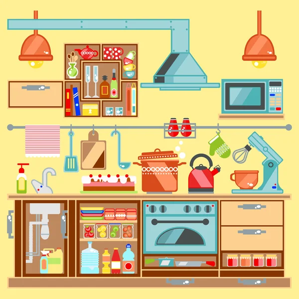 厨房内饰。带家具的厨房。厨具。平面样式矢量插图. — 图库矢量图片