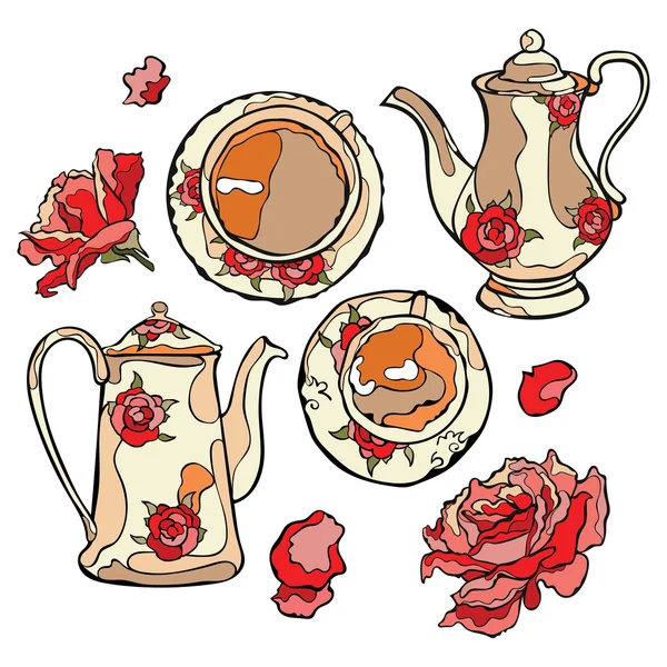 Flores y café (té). Hermoso servicio. Objetos vectoriales aislados sobre fondo blanco . — Archivo Imágenes Vectoriales