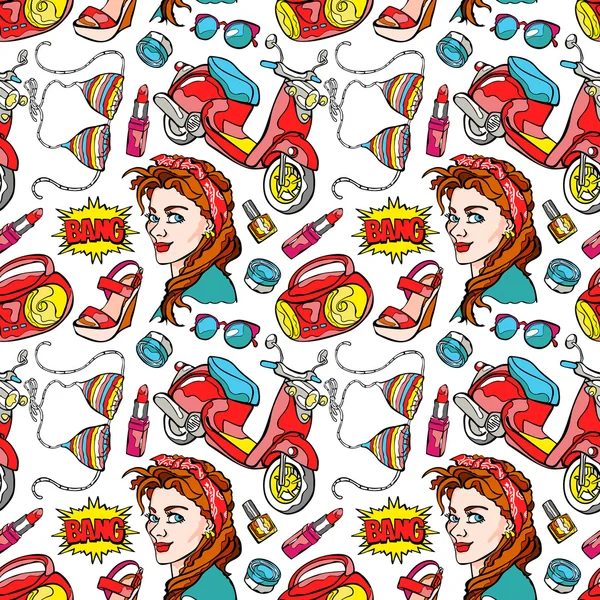 Modèle pop art (fond). Super fille. Scooter, magnétophone, vêtements d'été, lunettes de soleil, cosmétiques. Modèle vectoriel sans couture (arrière-plan ). — Image vectorielle