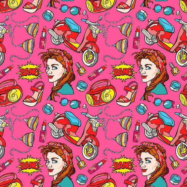 Pop art pattern (fundo). Que rapariga fixe. Scooter, gravador, roupas de verão, óculos de sol, cosméticos. Padrão vetorial sem costura (fundo ). — Vetor de Stock