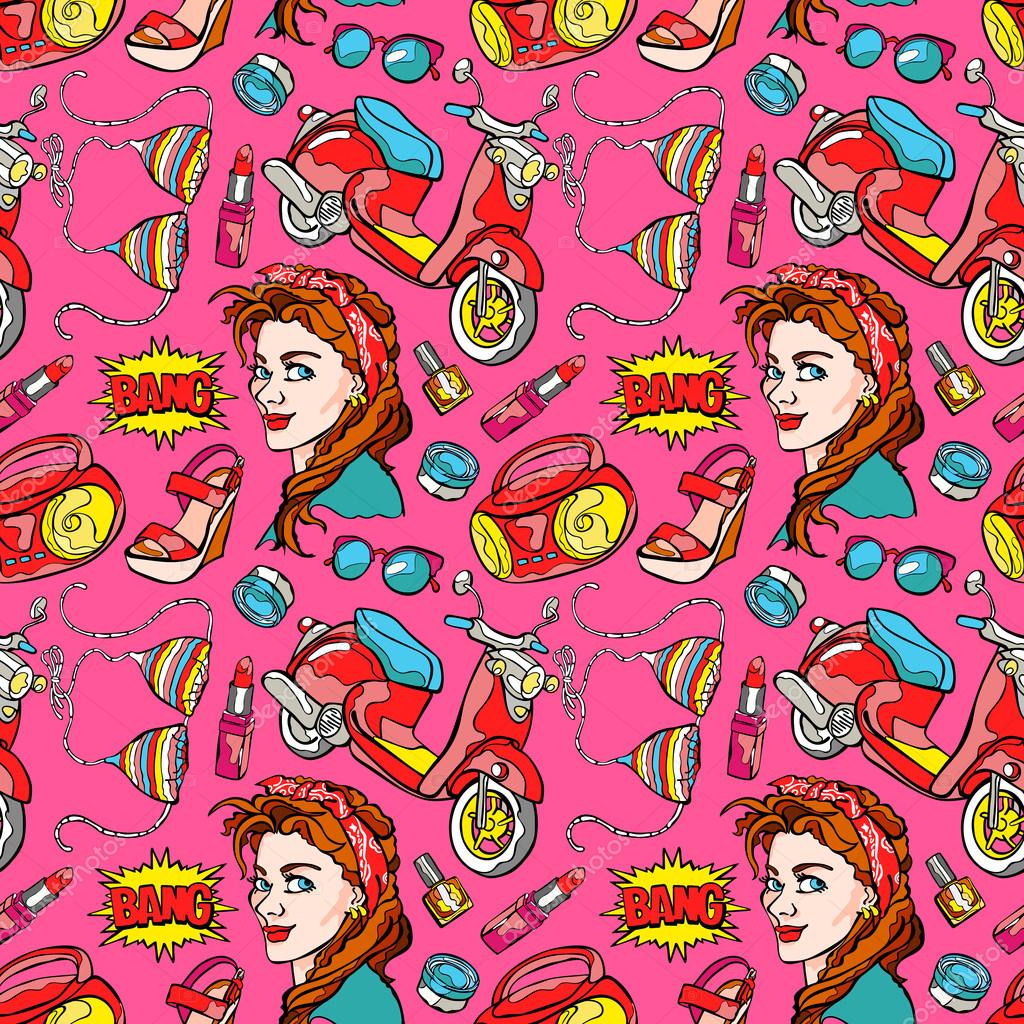 Pop Art Pattern Background Cool Girl Scooter Tape Recorder
