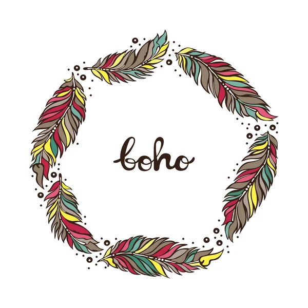 Boho. Feathers. Frame - wreath. Isolated vector object on white background. — Stock Vector