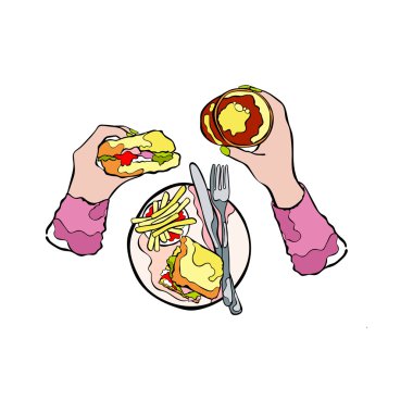 Eller. Üstten Görünüm. Yiyecek ve içecek. Beyaz arka plan üzerinde izole vektör nesneleri.