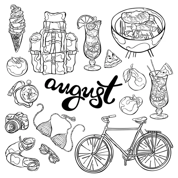 Augustus. Zomer Set: beachwear, fiets, groenten en fruit, cocktail, rugzak en kompas, camera en picknick. Geïsoleerde vectorobjecten op witte achtergrond. Foto voor de kalender. Sjabloon. — Stockvector