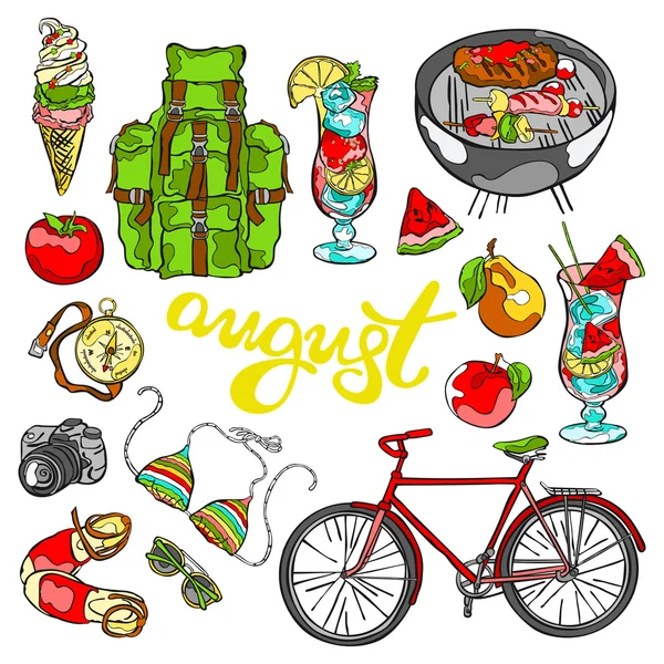 August. Sommer-Set: Beachwear, Fahrrad, Obst und Gemüse, Cocktail, Rucksack und Kompass, Kamera und Picknick. isolierte Vektorobjekte auf weißem Hintergrund. Bild für den Kalender. Vorlage. — Stockvektor