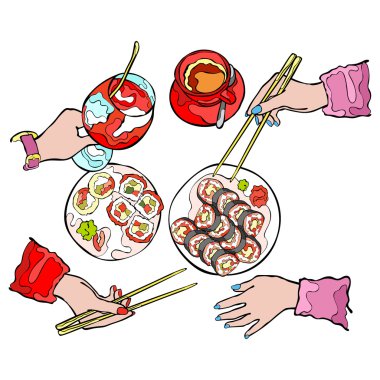 Eller. Üstten Görünüm. Japonca (suşi rulo). Beyaz arka plan üzerinde izole vektör nesneleri.