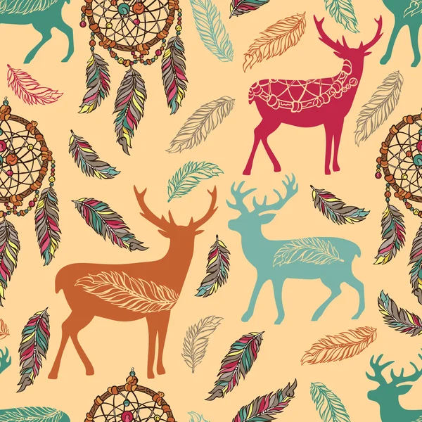 Deer, dreamcatcher and feathers. Seamless vector pattern (background). — Stock Vector