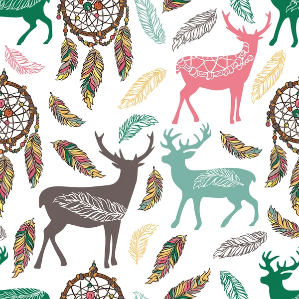 Deer, dreamcatcher and feathers. Seamless vector pattern (background). — Stock Vector