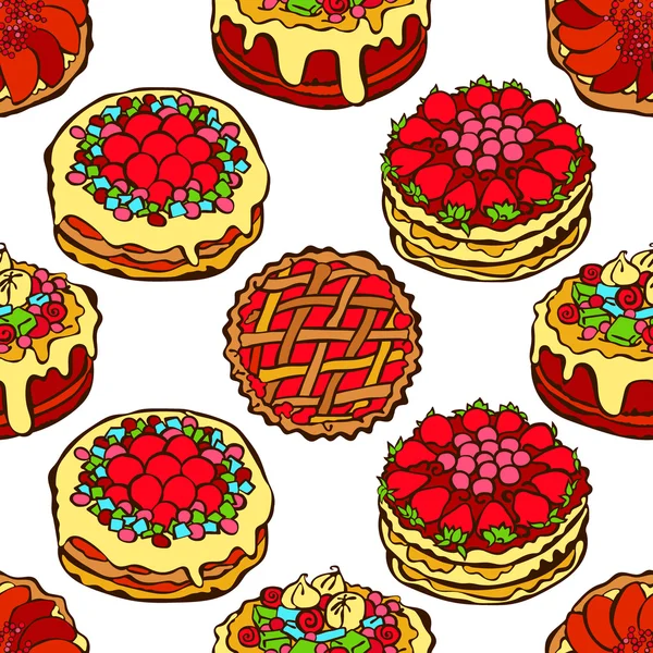 Pâtisseries sucrées : gâteau et tarte. Modèle vectoriel sans couture (arrière-plan ). — Image vectorielle