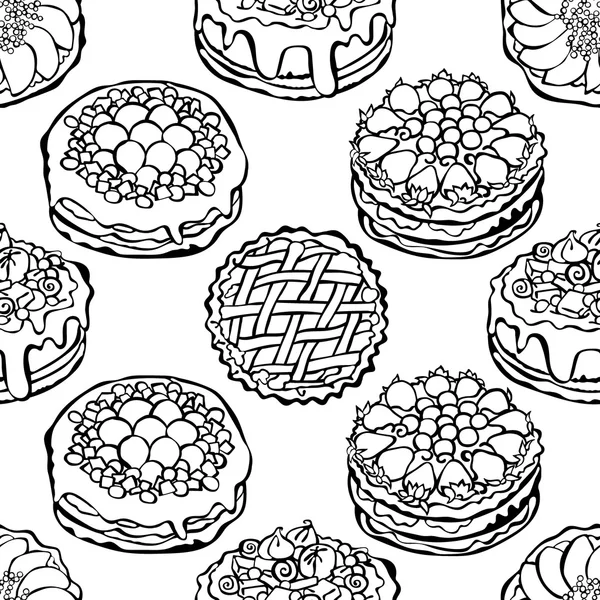 Sweet pastries: cake and pie. Seamless vector pattern (background).