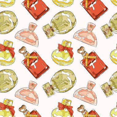 Parfümeri. Güzel şişeleri. Sorunsuz vektör desen (arka plan).