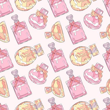 Parfümeri. Güzel şişeleri. Sorunsuz vektör desen (arka plan).