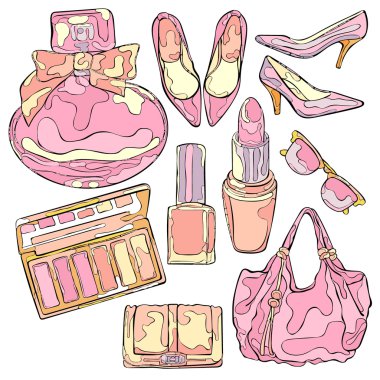 Women things: high heel shoes, ladies handbag, cosmetics, perfumes, sunglasses. Isolated vector objects on white background.