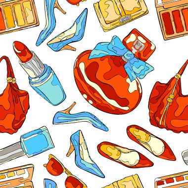 Women things: high heel shoes, ladies handbag, cosmetics, perfumes, sunglasses. Seamless vector pattern (background).