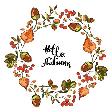 Merhaba Autumn. Sonbahar ormanı: yapraklar, meşe palamudu, çilek. Çerçeve - çelenk.