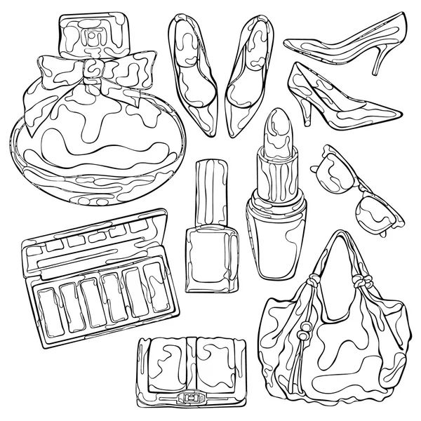 Mulheres coisas: sapatos de salto alto, senhoras bolsa, cosméticos, perfumes, óculos de sol. Objetos vetoriais isolados no fundo branco . —  Vetores de Stock