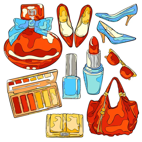 Women things: high heel shoes, ladies handbag, cosmetics, perfumes, sunglasses. Isolated vector objects on white background. — Stock Vector