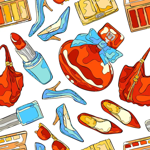 Women things: high heel shoes, ladies handbag, cosmetics, perfumes, sunglasses. Seamless vector pattern (background). — Stock vektor