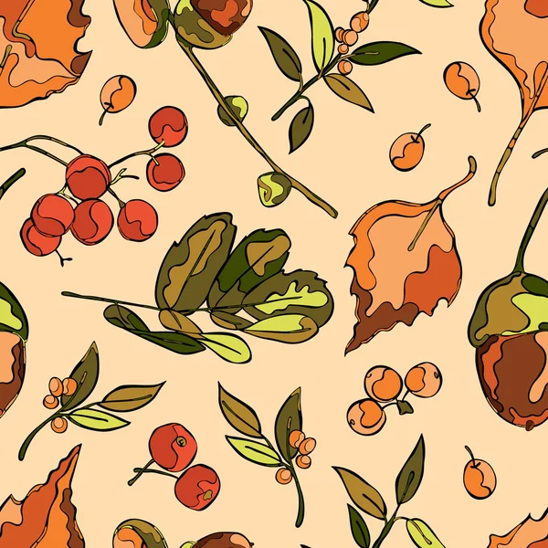Осенний лес: листья, желуди, ягоды. Бесшовный векторный рисунок (фон) ). — стоковый вектор