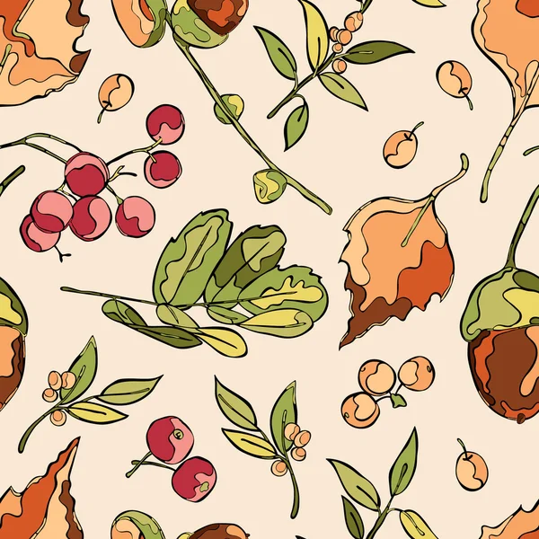 Осенний лес: листья, желуди, ягоды. Бесшовный векторный рисунок (фон) ). — стоковый вектор