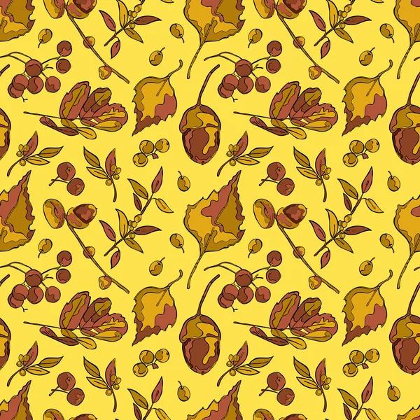 Höst skog: löv, ekollon, bär. Sömlöst vektor mönster (bakgrund). — Stock vektor