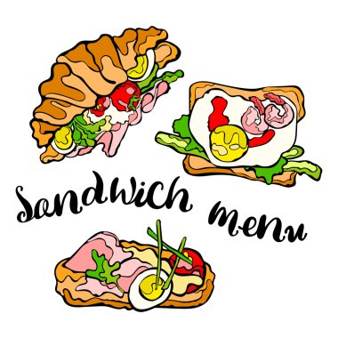 Sandviç. Yumurtalı sandviç. Domates, marul, jambon, peynir. Beyaz arka planda yalıtılmış vektör nesneleri.
