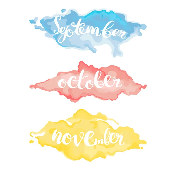 September. October. November. Watercolor stains and drops. Isolated vector objects on white background. — Stock Vector