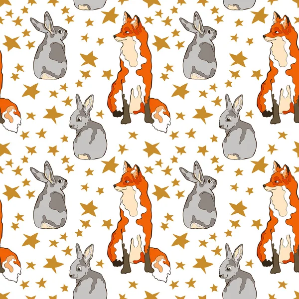 Fox, rabbit and stars. Seamless vector pattern (background).