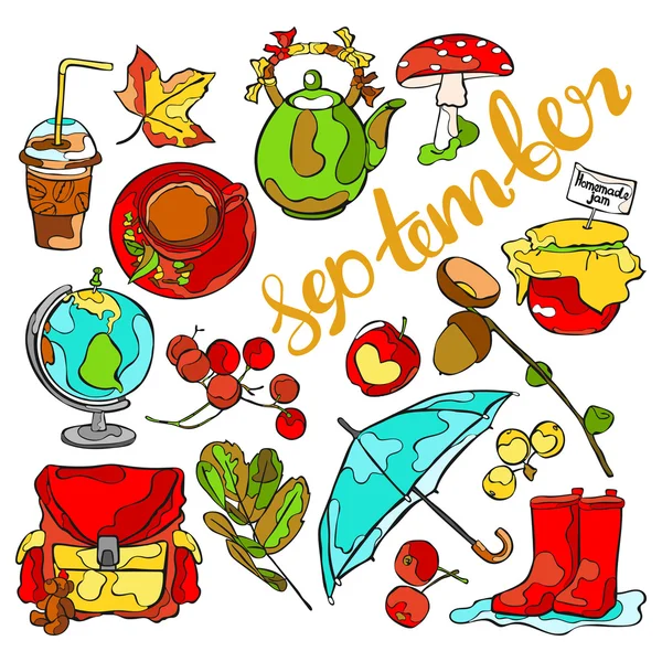 September. Umbrella and rubber boots. School backpack and globe. Teapot and hot drink. Acorn and mushroom. Isolated vector objects on white background. — Stock Vector