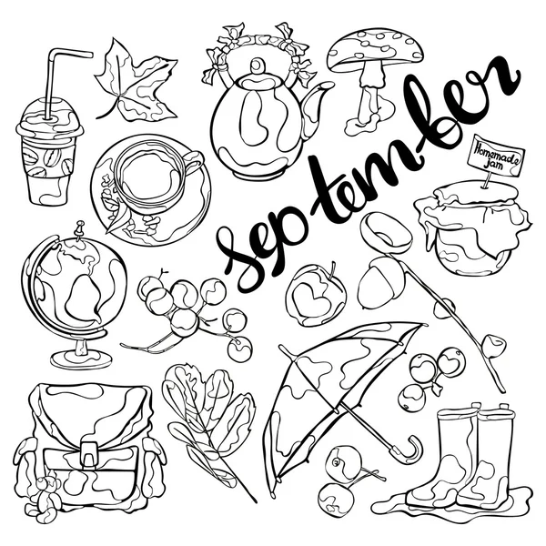 September. Paraplu en rubberen laarzen. School rugzak en Globe. Theepot en warme drank. Acorn en paddestoel. Geïsoleerde vectorobjecten op witte achtergrond. — Stockvector