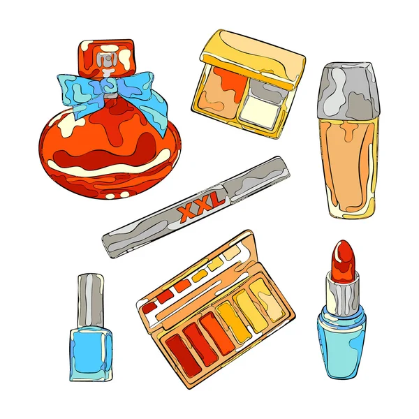 Cosméticos: perfume, sombra de ojos, rubor, lápiz labial, rímel, esmalte de uñas, fundación. Objetos vectoriales aislados sobre fondo blanco . — Vector de stock