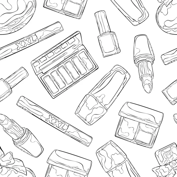 Cosmetica: parfum, oogschaduw, blozen, lippenstift, mascara, nagellak, Stichting. Naadloze vector patroon (achtergrond). — Stockvector