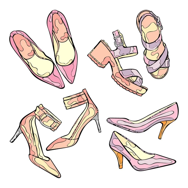 Жіноче взуття. Взуття на високих підборах. Ізольовані векторні об'єкти на білому тлі . — стоковий вектор