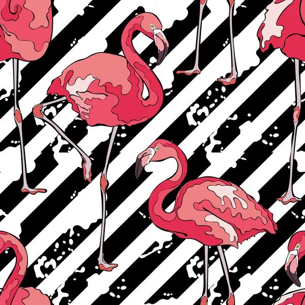 Kleurrijke roze flamingo's. Gestreepte achtergrond. Naadloze vector patroon. — Stockvector