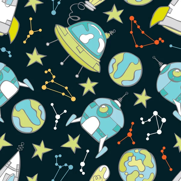 Ruimte afdrukken. Raket, vliegende schotel, planeten en sterren. Naadloze vector patroon (achtergrond). — Stockvector