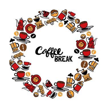 Kahve. Ayarlayın. Kahve ve kahve fincanı. Yuvarlak kare - çelenk.