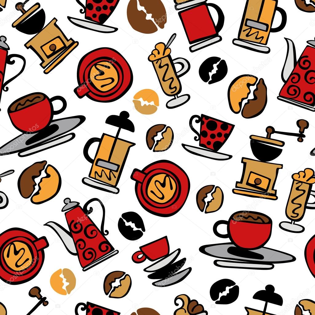 Coffee. Set. Coffee and coffee cup. Seamless vector pattern (background).