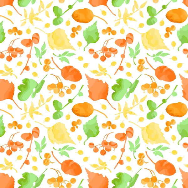 Осенний лес: листья, желудь, ветвь, ягоды. Эффект акварели. Бесшовный векторный рисунок (фон) ). — стоковый вектор