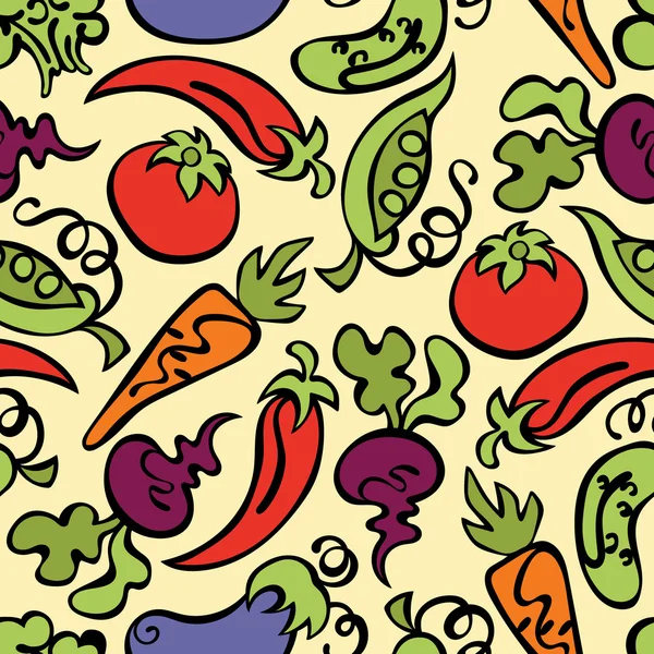 Warzywa: pomidory, oberżyny, groch, ogórki, marchew, buraki, brokuły i ostra papryka. Wektor wzór (tło). — Wektor stockowy