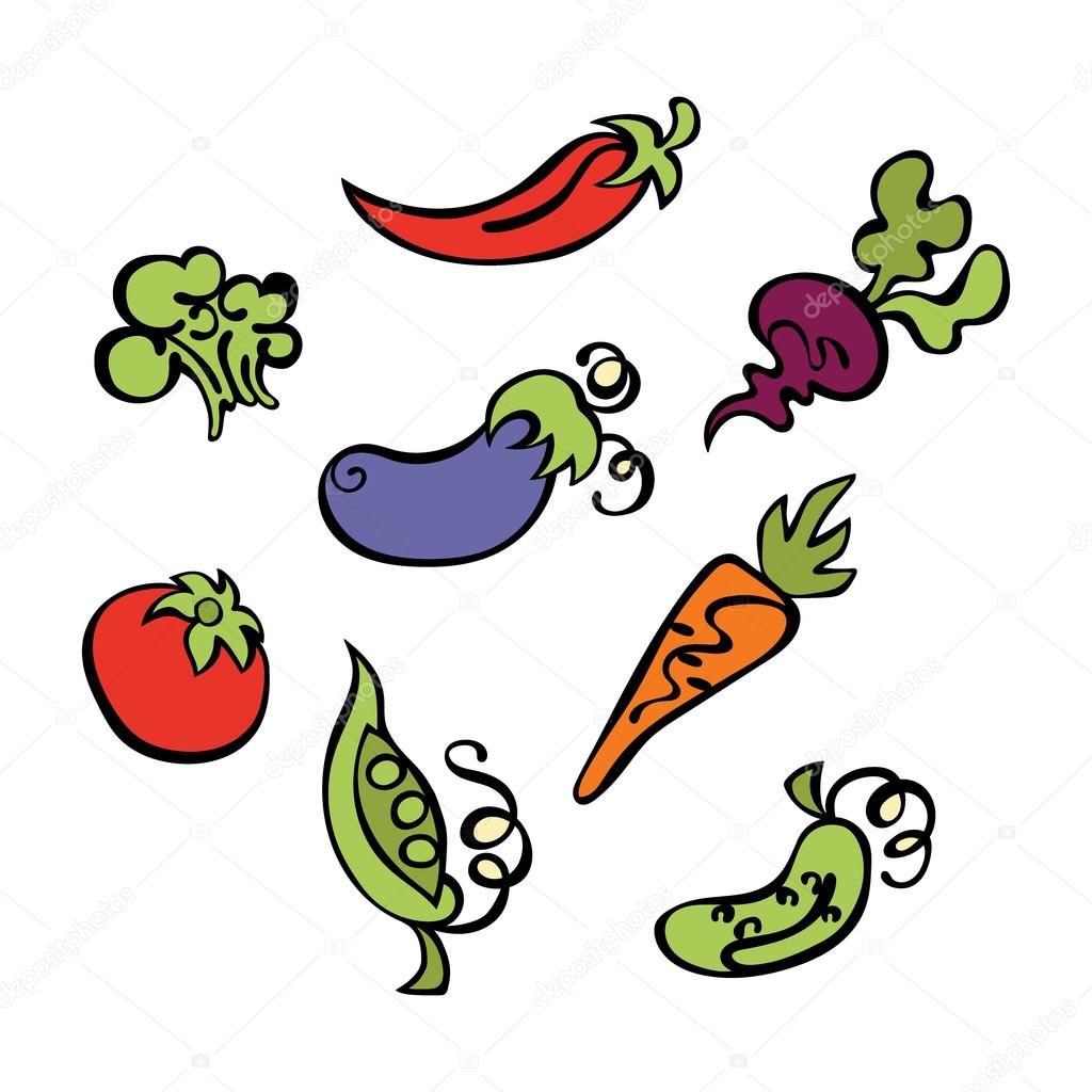 Vegetables: tomatoes, eggplant, peas, cucumber, carrots, beets, broccoli and hot pepper. Isolated vector objects on white background.
