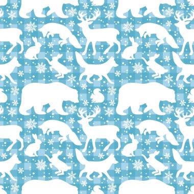 Mavi kareli arka plan. Kış Noel Ormanı. Orman hayvanları: Ayı, kurt, tilki, tavşan, sincap, geyik. Kusursuz vektör deseni (arkaplan). Çizgi film baskısı. Kar taneleri ve noktalar.