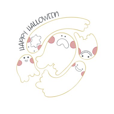 Yuh! Mektup. Bayram Cadılar Bayramı kartı. Şirin hayaletler. Çizgi roman yuvarlak çizim. Yıldızlar ve noktalar iz bırakır. İzole vektör nesnesi.