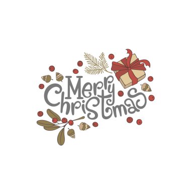 Mutlu noeller. Mektup afişi. Tatil kartı. Noel hediyeleri, ladin dalları, böğürtlen ve koni. Beyaz arkaplandaki izole vektör nesnesi.