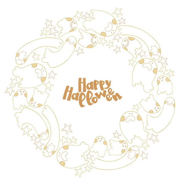 Happy Halloween Lettering Holiday Card Cute Ghosts Cartoon Frame Wreath — Stock Vector