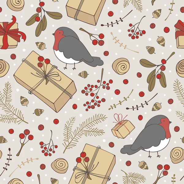 Ornamento Invernale Bullfinch Regali Natale Ramoscelli Abete Rosso Bacche Sorbo — Vettoriale Stock