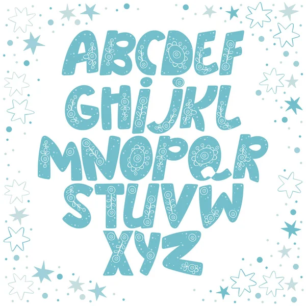 English Alphabet Paisley Ornament Letters Square Frame Stars Snowflakes Dots — Stock Vector